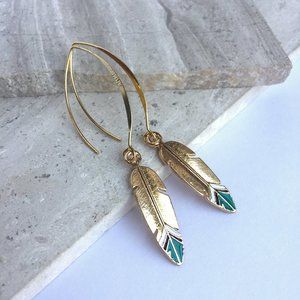 Long hook, Gold enamel Feather charm Earrings
